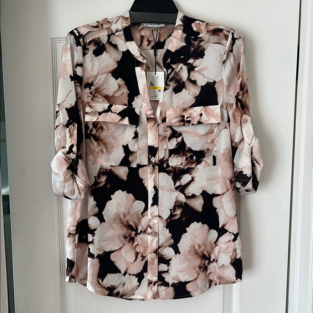 Calvin Klein Floral Button-Up Blouse - Black and Pink, M